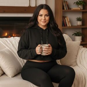 Seductive Slouch: Victoria's Secret Black Satin-Lined Cropped V-Neck Hoodie - XL